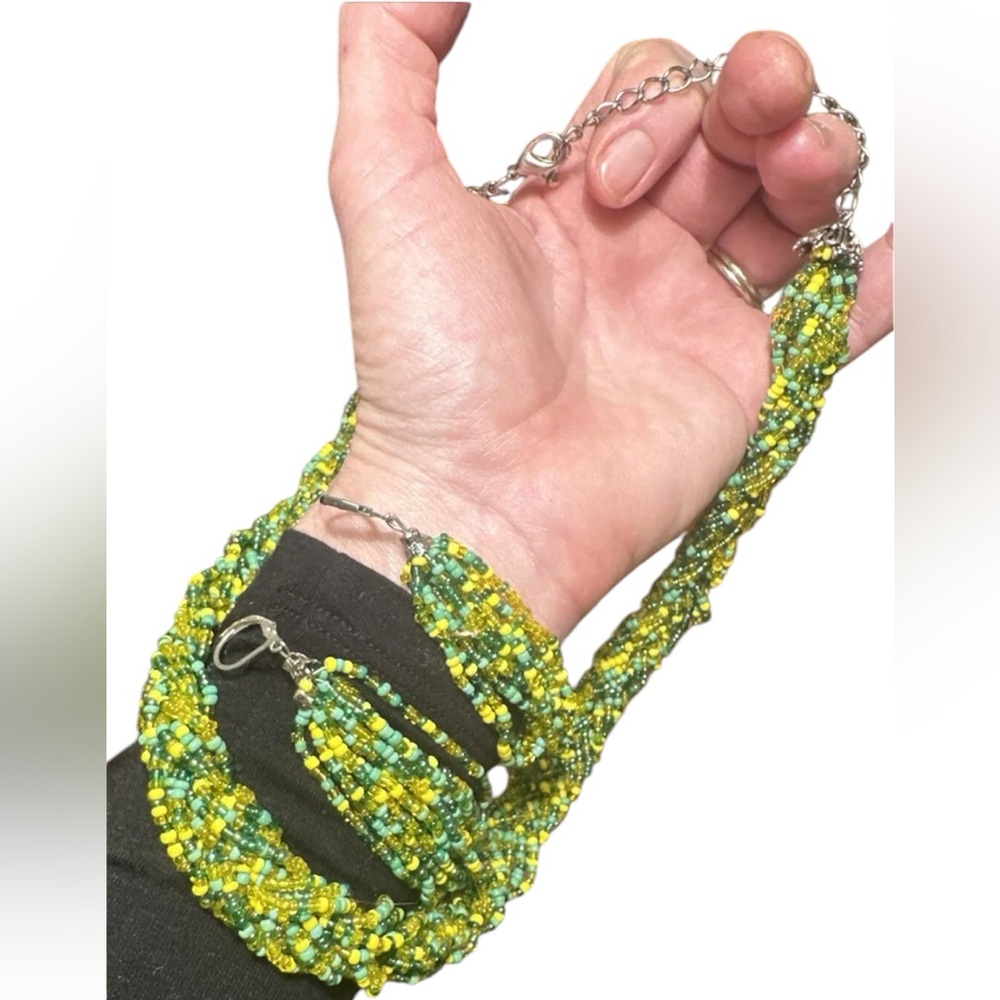 Braided Seed Bead Green Yellow Necklace Earrings Adjustable Silver Chain Boho - Picture 6 of 7